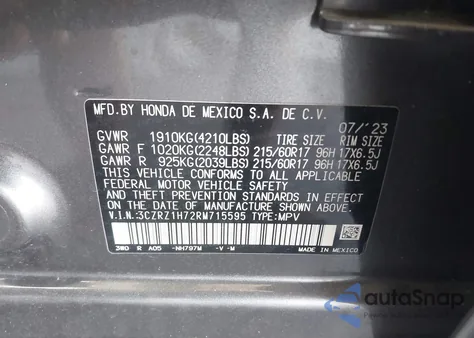 2024 Honda Hr-V 2Wd Ex-L/2Wd Ex-L W/O Bsi z USA, uszkodzony, nr VIN 3CZRZ1H72RM715595